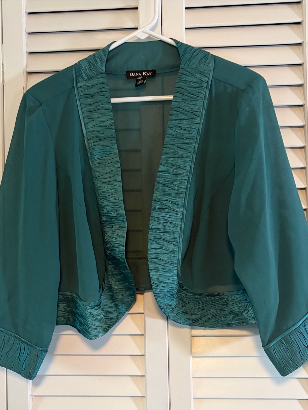 Dana Kay Teal Cropped Open-Front Blazer with Textured Trim
